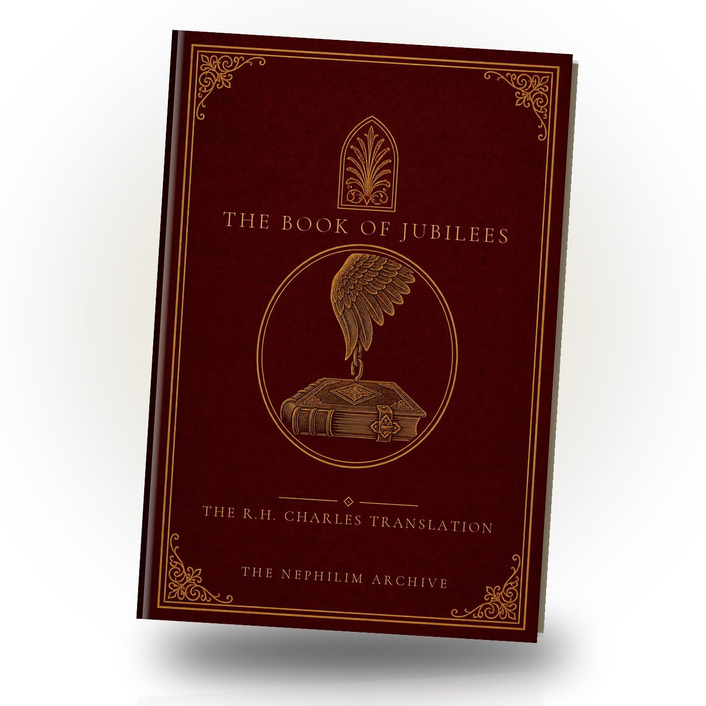 The Book of Jubilees hardcover, oxblood cloth with gold double frame and winged-book seal