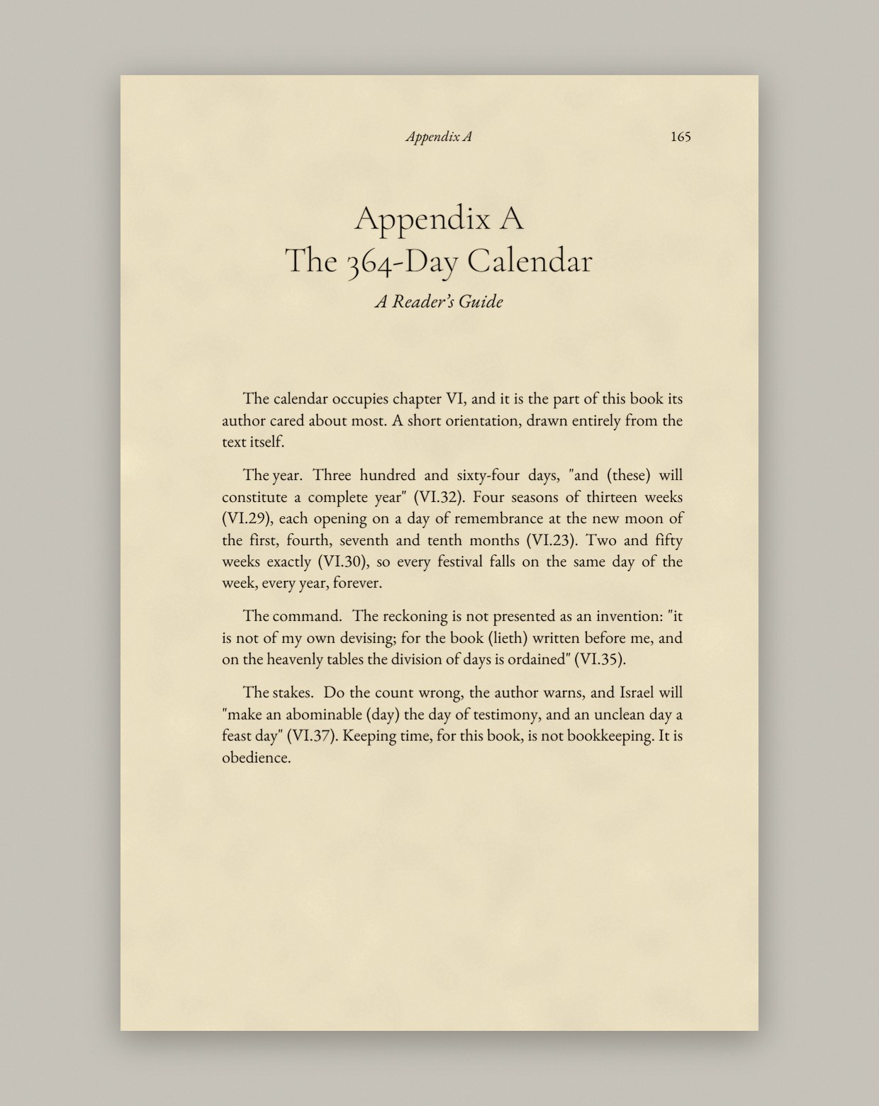 Appendix A: The 364-Day Calendar, a reader's guide, first page as printed